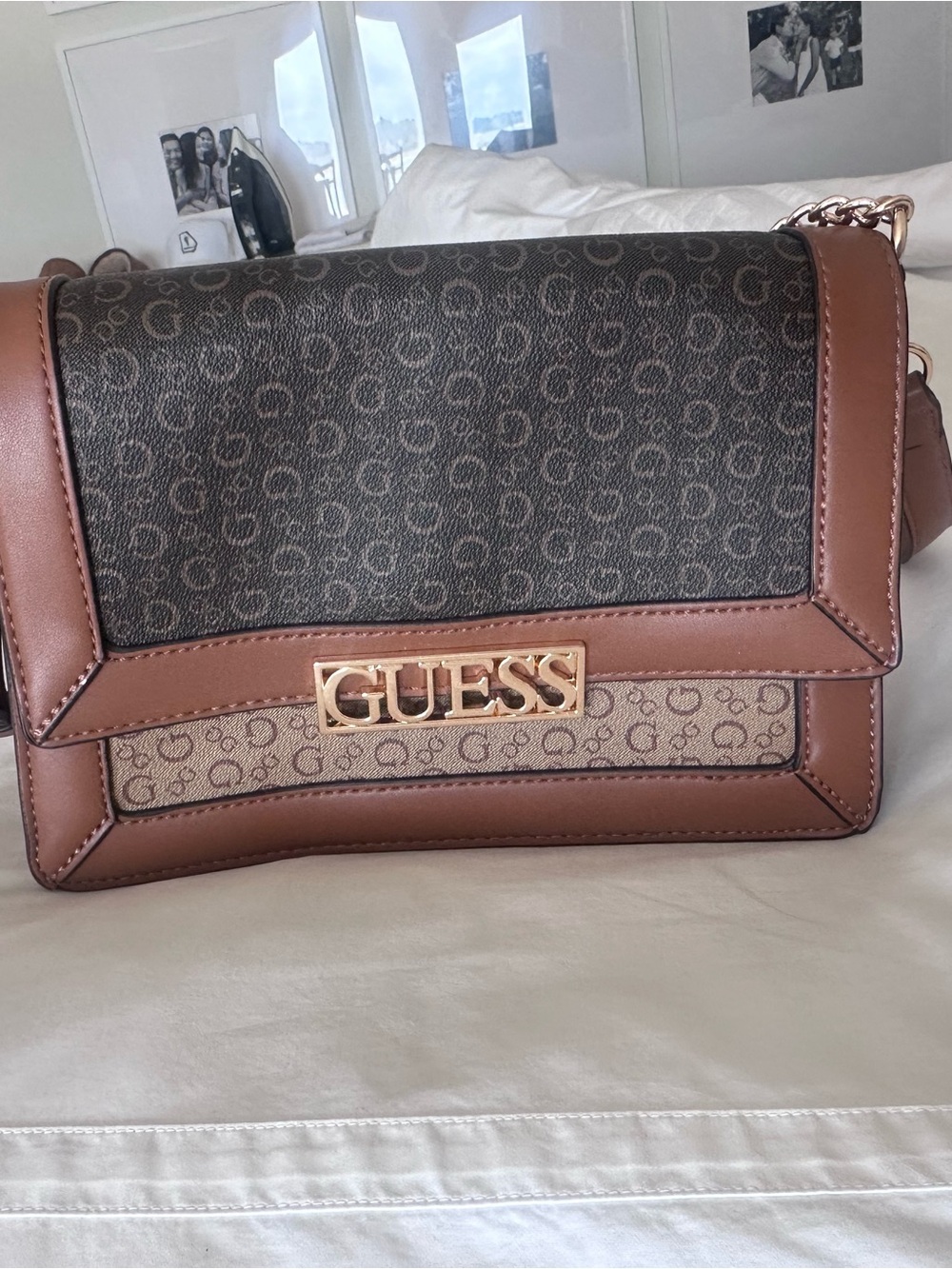 GUESS Brown and Black Logo-Print Crossbody with Gold Hardware - Picture 4 of 10